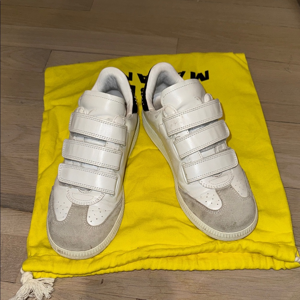 Isabel Marant White Leather & Light Gray Suede Velcro Sneakers